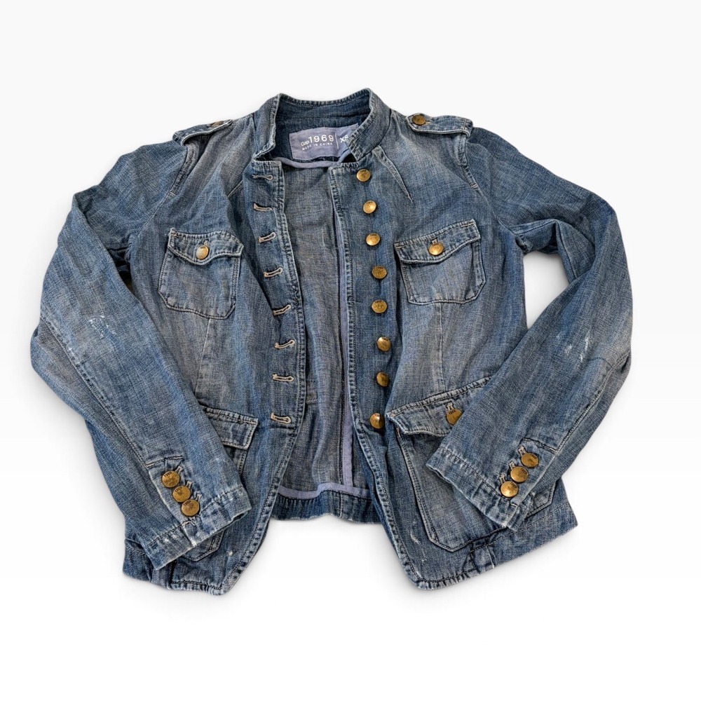 Gap 1969 Womens Blue Denim Military Utility Jacket XS Brass Buttons RN 54023